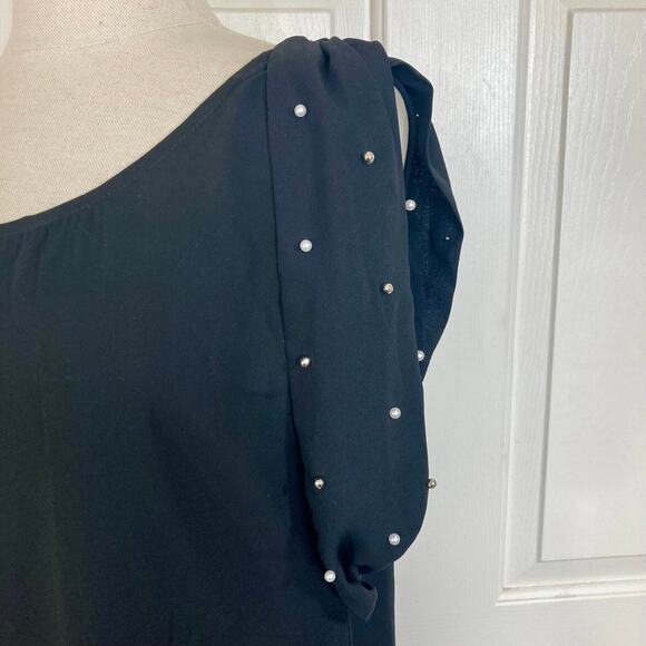 Pearl studded black top womens medium drape sleeve round neck blouse by RolyPoly - Picture 3 of 10